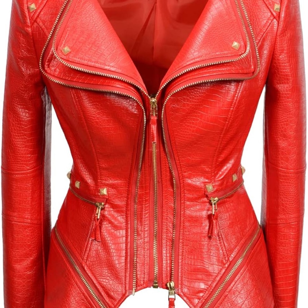 Red Leather  SX Women's Punk Studded alligator Print Pattern  Zipper Moto Biker